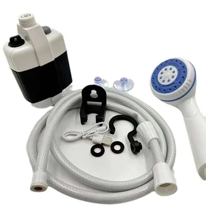 Duș Portabil Reîncărcabil USB pentru Camping și Călătorii, Pompă de Apă Electrică cu Robinet, Utilizare Interior și Exterior, Baterie Integrată, Debit Constant