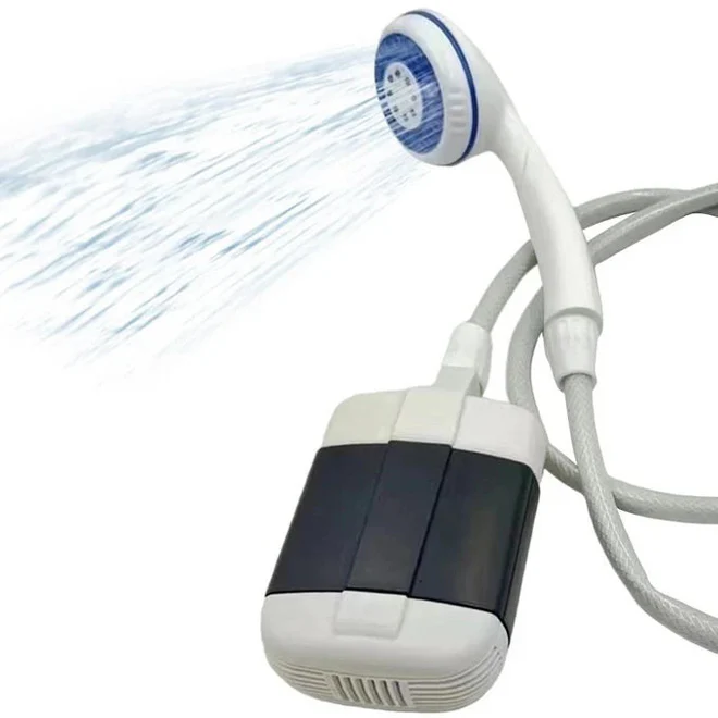 Duș Portabil Reîncărcabil USB pentru Camping și Călătorii, Pompă de Apă Electrică cu Robinet, Utilizare Interior și Exterior, Baterie Integrată, Debit Constant