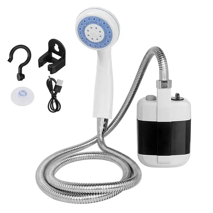 Duș Portabil Reîncărcabil USB pentru Camping și Călătorii, Pompă de Apă Electrică cu Robinet, Utilizare Interior și Exterior, Baterie Integrată, Debit Constant