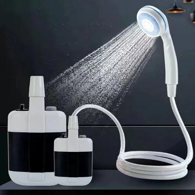 Duș Portabil Reîncărcabil USB pentru Camping și Călătorii, Pompă de Apă Electrică cu Robinet, Utilizare Interior și Exterior, Baterie Integrată, Debit Constant
