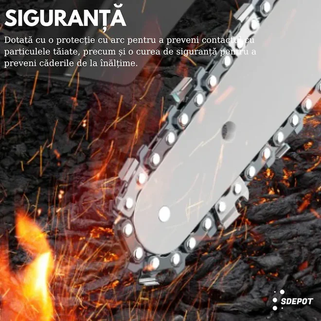 Mini drujbă electrică fără fir 8 inch, 48V, 2 acumulatori Li-Ion, set complet cu lanț și accesorii
