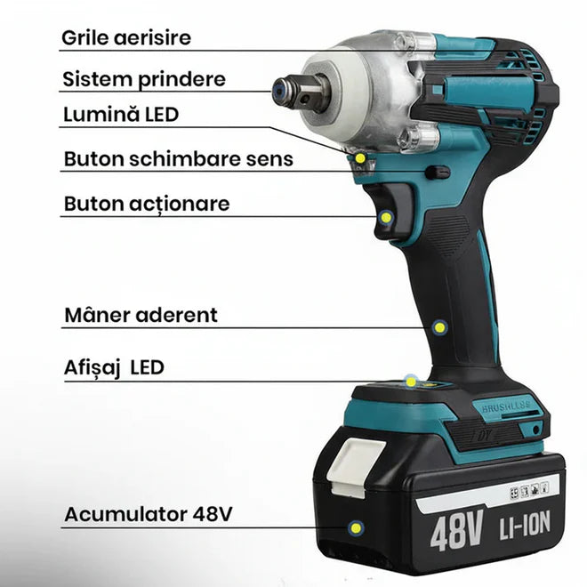 Cheie de Impact- Masina de Insurubat , 550Nm, 43 de Accesorii, 2 Acumulatori 48V si Valiza