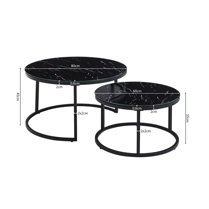 Set 2 Măsuțe de Cafea Manhattan, Efect Marmură Neagră, Structură Metalică Rezistentă, Design Elegant pentru Living, 53×43 cm