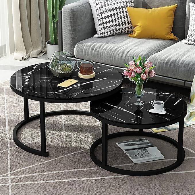 Set 2 Măsuțe de Cafea Manhattan, Efect Marmură Neagră, Structură Metalică Rezistentă, Design Elegant pentru Living, 53×43 cm