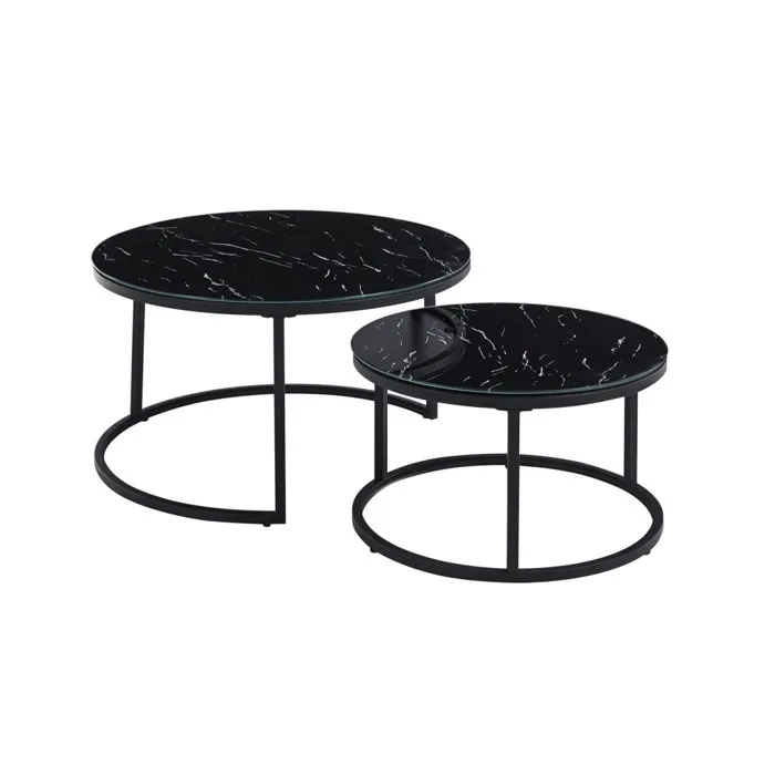 Set 2 Măsuțe de Cafea Manhattan, Efect Marmură Neagră, Structură Metalică Rezistentă, Design Elegant pentru Living, 53×43 cm
