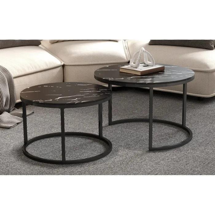 Set 2 Măsuțe de Cafea Manhattan, Efect Marmură Neagră, Structură Metalică Rezistentă, Design Elegant pentru Living, 53×43 cm