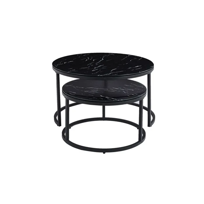 Set 2 Măsuțe de Cafea Manhattan, Efect Marmură Neagră, Structură Metalică Rezistentă, Design Elegant pentru Living, 53×43 cm