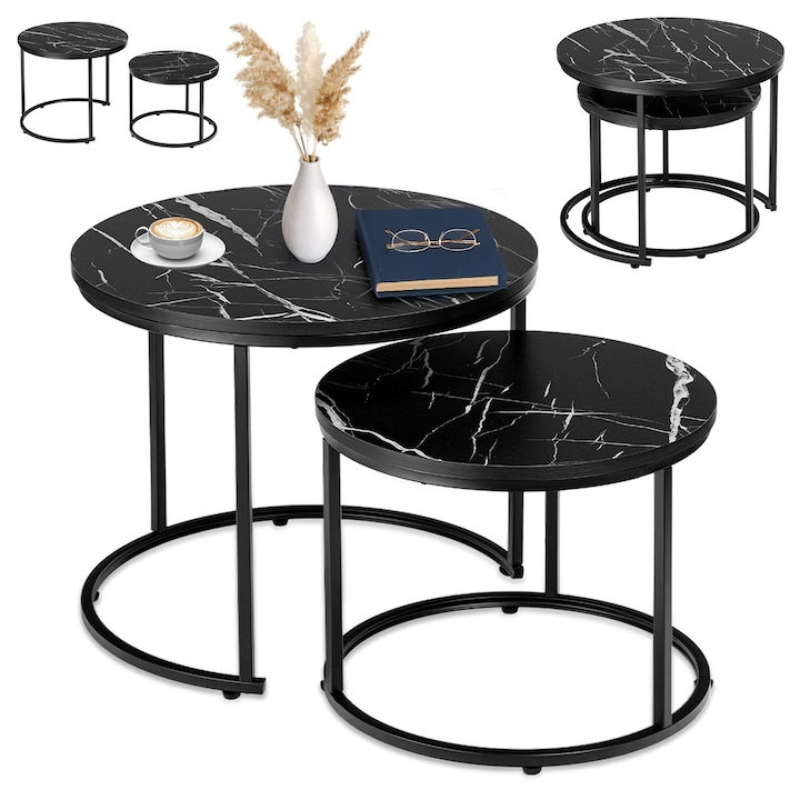 Set 2 Măsuțe de Cafea Manhattan, Efect Marmură Neagră, Structură Metalică Rezistentă, Design Elegant pentru Living, 53×43 cm