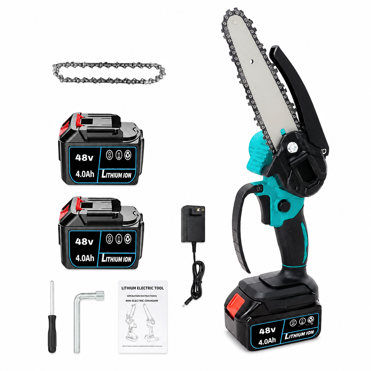 Mini drujbă electrică fără fir 8 inch, 48V, 2 acumulatori Li-Ion, set complet cu lanț și accesorii