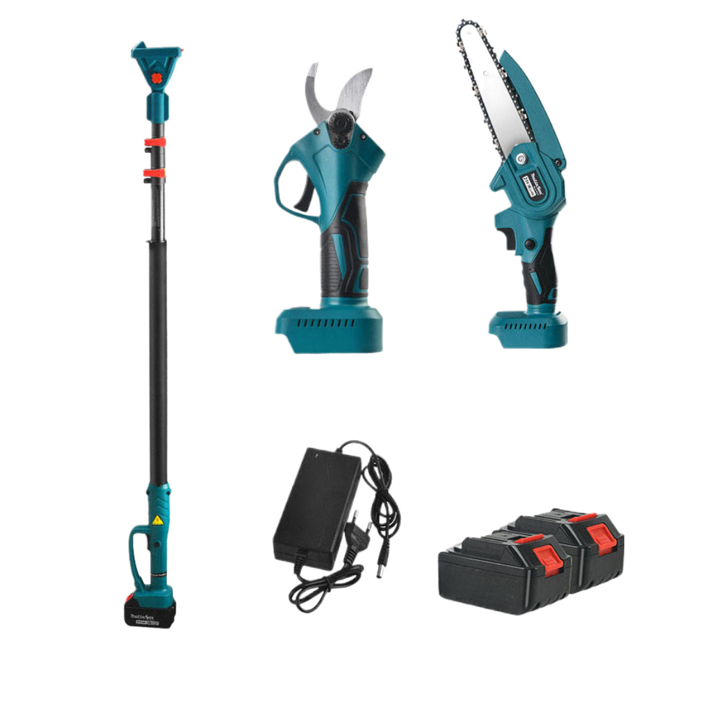 Kit Profesional de Grădinărit cu Foarfecă Electrică și Mini Drujbă 6 Inch | Braț Telescopic 2.13 m | 2 Acumulatori | Cap Reglabil