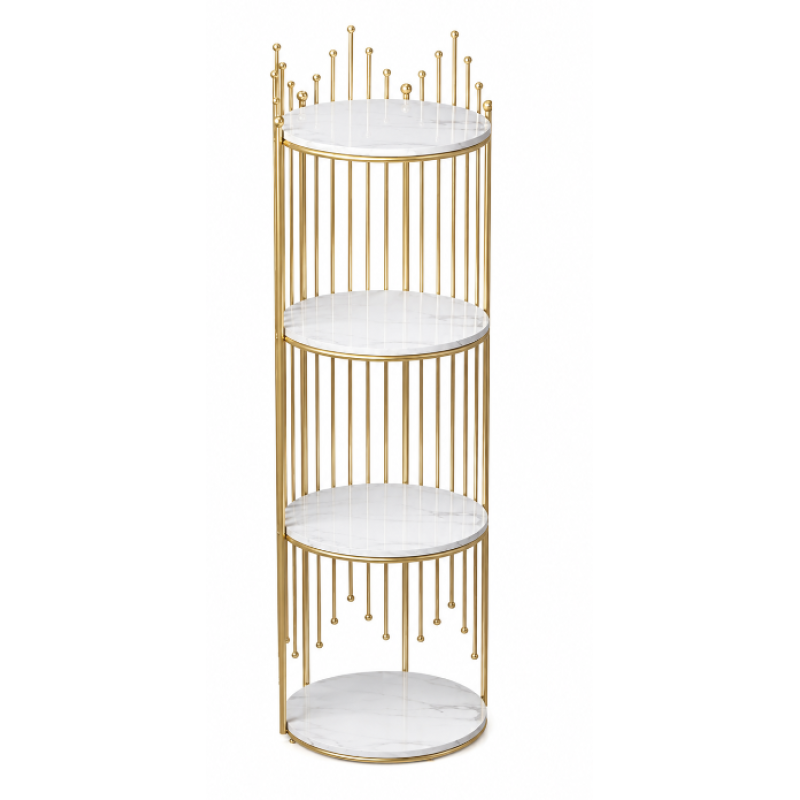 Raft Decorativ Rotund cu 4 Polițe, Bibliotecă Modernă cu Cadru Metalic Auriu și Rafturi Albe, 95 cm Înălțime, Mobilier pentru Living, Dormitor și Birou