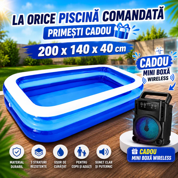 Piscină Gonflabilă 200x140x40 cm, 2 Inele Rezistente, PVC Gros, pentru Copii și Adulți, Mini Boxă Wireless Cadou Inclusă, pentru Curte și Grădină