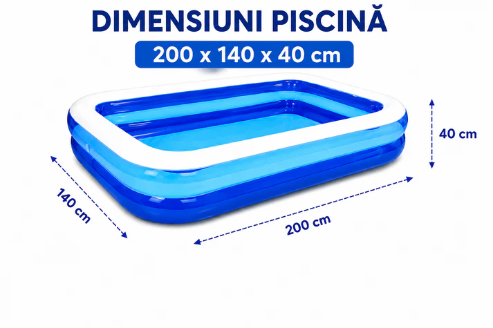 Piscină Gonflabilă 200x140x40 cm, 2 Inele Rezistente, PVC Gros, pentru Copii și Adulți, Mini Boxă Wireless Cadou Inclusă, pentru Curte și Grădină