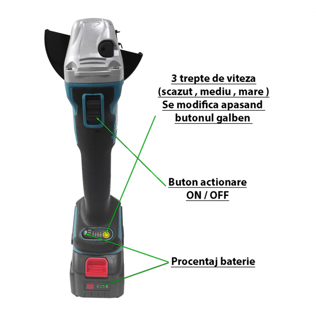 Polizor unghiular cu acumulator 48V, 2 baterii detasabile, discuri taiere/slefuire incluse, incarcator rapid, valiza transport si depozitare