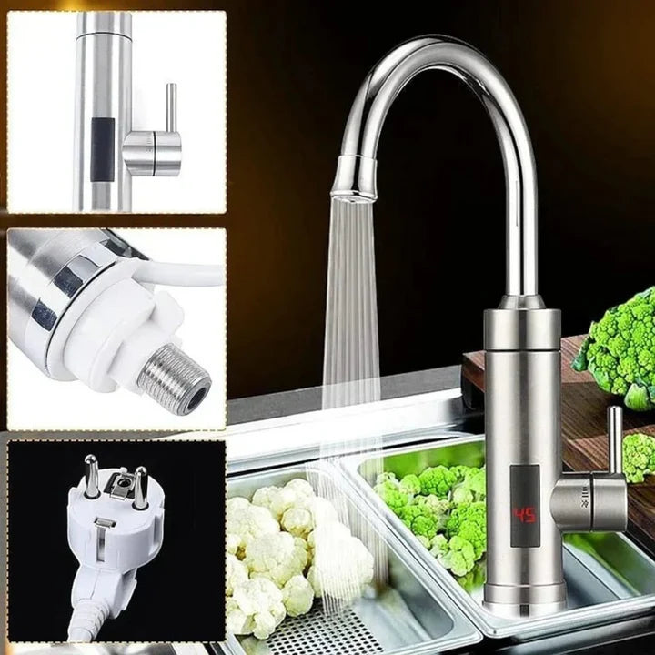 Robinet electric apă caldă instant din inox, 3000W, afișaj digital, rotire 360°, IPX4