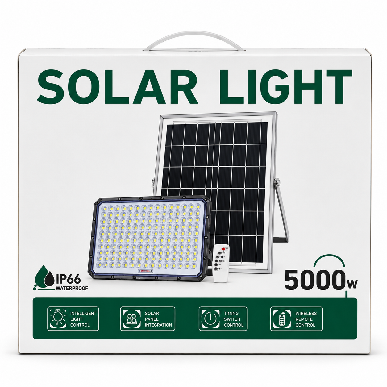 Lampă Solară LED 5000W cu Panou Solar și Telecomandă | IP66 | Control Inteligent | Temporizare | Exterior
