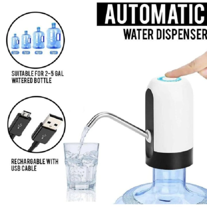 Dozator Automat de Apă pentru Bidoane | Pompă Electrică Reîncărcabilă USB | Alb/Negru